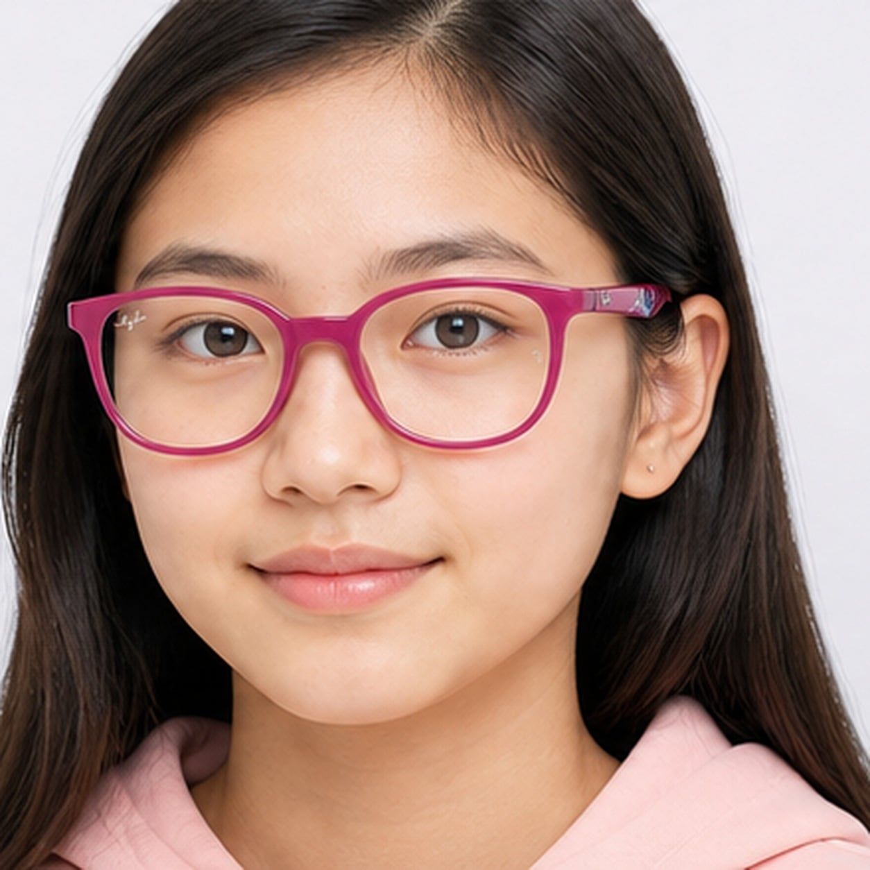 Gọng kính trẻ em Rayban Junior RY1631 7508 - Hồng cánh sen phối cao su xanh dương – người mẫu đeo kính