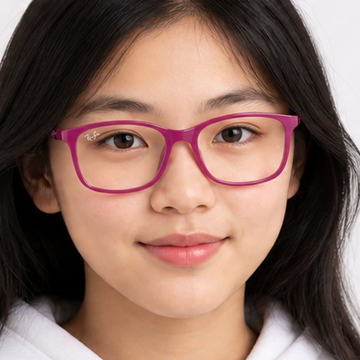 Gọng kính trẻ em Rayban Junior RY1644 3933 - Hồng cánh sen phối cao su tím – người mẫu đeo kính