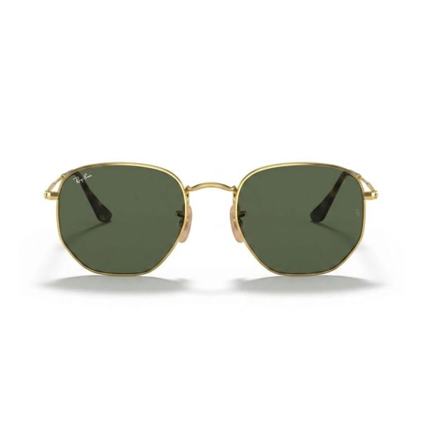 Kính mát Rayban Hexagonal RB3548N 001 - Vàng Arista bóng, tròng xanh G-15 – ảnh chính diện trên nền trắng