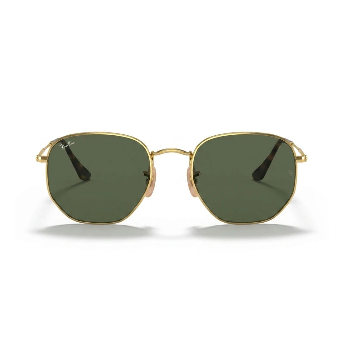 Kính mát Rayban Hexagonal RB3548N 001 - Vàng Arista bóng, tròng xanh G-15 – ảnh chính diện trên nền trắng