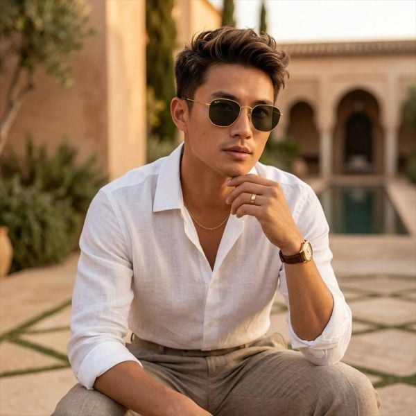 Kính mát Rayban Hexagonal RB3548N 001 - Vàng Arista bóng, tròng xanh G-15 – người mẫu đeo kính