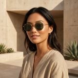 Kính mát Rayban Hexagonal RB3548N 001 - Vàng Arista bóng, tròng xanh G-15 – người mẫu đeo kính