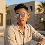 Kính mát Rayban Hexagonal RB3548N 001/30 - Vàng Arista bóng, tròng xám tráng gương – người mẫu đeo kính