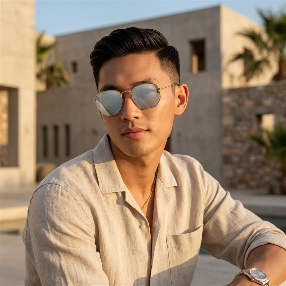Kính mát Rayban Hexagonal RB3548N 001/30 - Vàng Arista bóng, tròng xám tráng gương – người mẫu đeo kính
