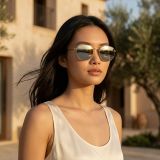 Kính mát Rayban Hexagonal RB3548N 001/30 - Vàng Arista bóng, tròng xám tráng gương – người mẫu đeo kính