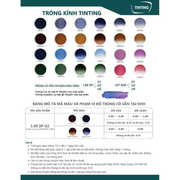 Tròng Chemi Nhuộm Màu Phong Cách Tinting U2 1.60 | Tròng có sẵn | Tròng đánh