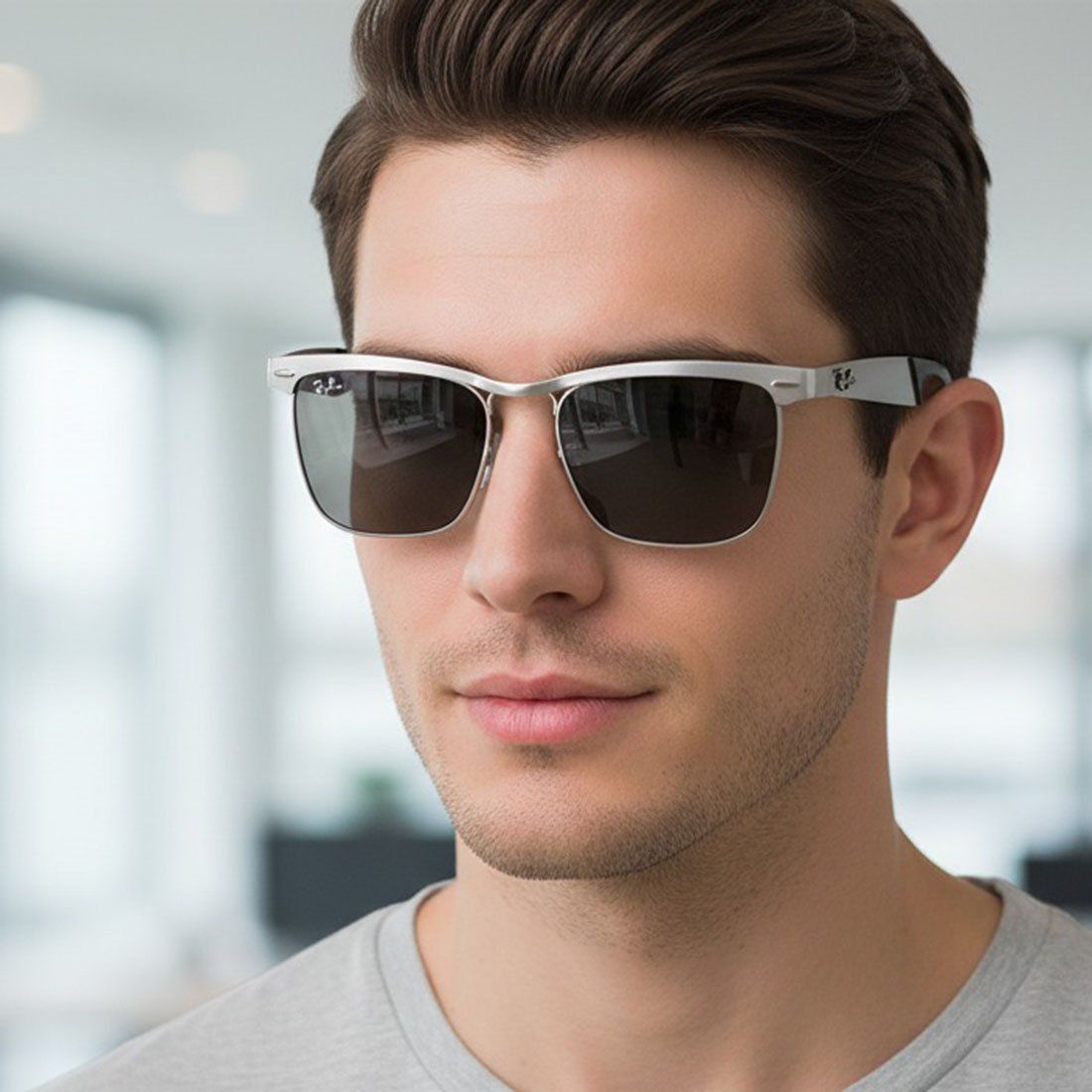 RayBan RB3875 với khung đen mờ và tròng kính xanh lá cây thể hiện thiết kế hình chữ nhật cổ điển