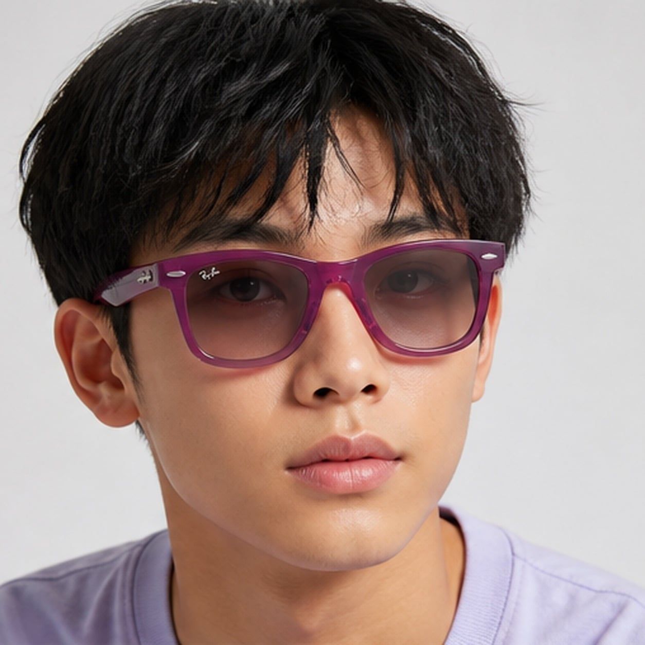 Kính mát trẻ em Rayban Junior RJ9140SF 72147E - Tím phối tím trong suốt – người mẫu đeo kính