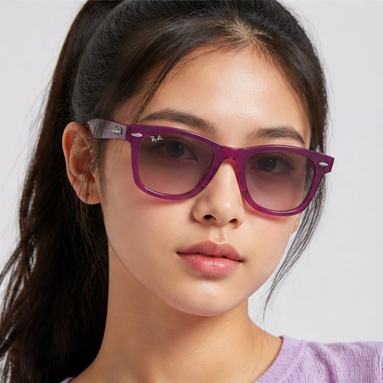Kính mát trẻ em Rayban Junior RJ9140SF 72147E - Tím phối tím trong suốt – người mẫu đeo kính