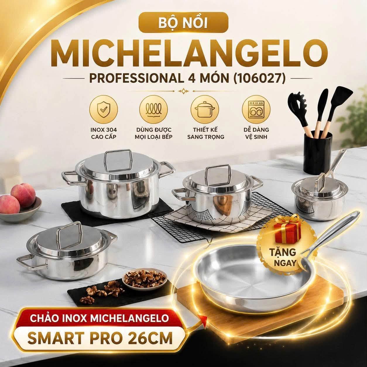 bo noi michelangelo professional 4 mon 106027 tang 1 chao inox michelangelo smart pro 26cm cm56