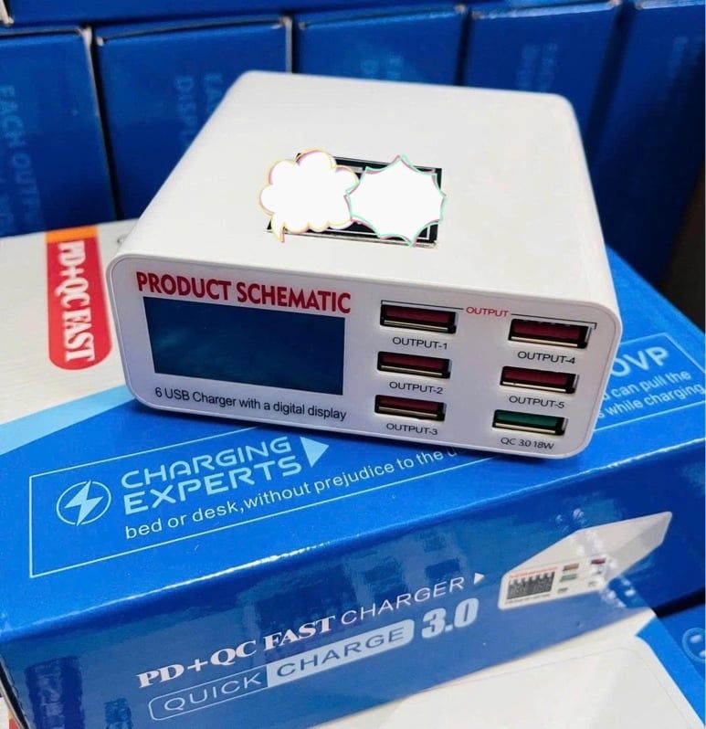 Bộ Sạc Nhiều Cổng: Charger 100W - 6 Cổng USB + Màn Hình Báo Dòng