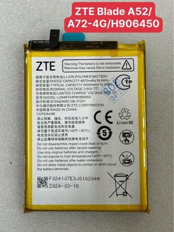 Pin ZTE H906450 / Blade A52 - 4G / A72 - 4G / Li3949T44P8h906450 - 5000mAh Zin
