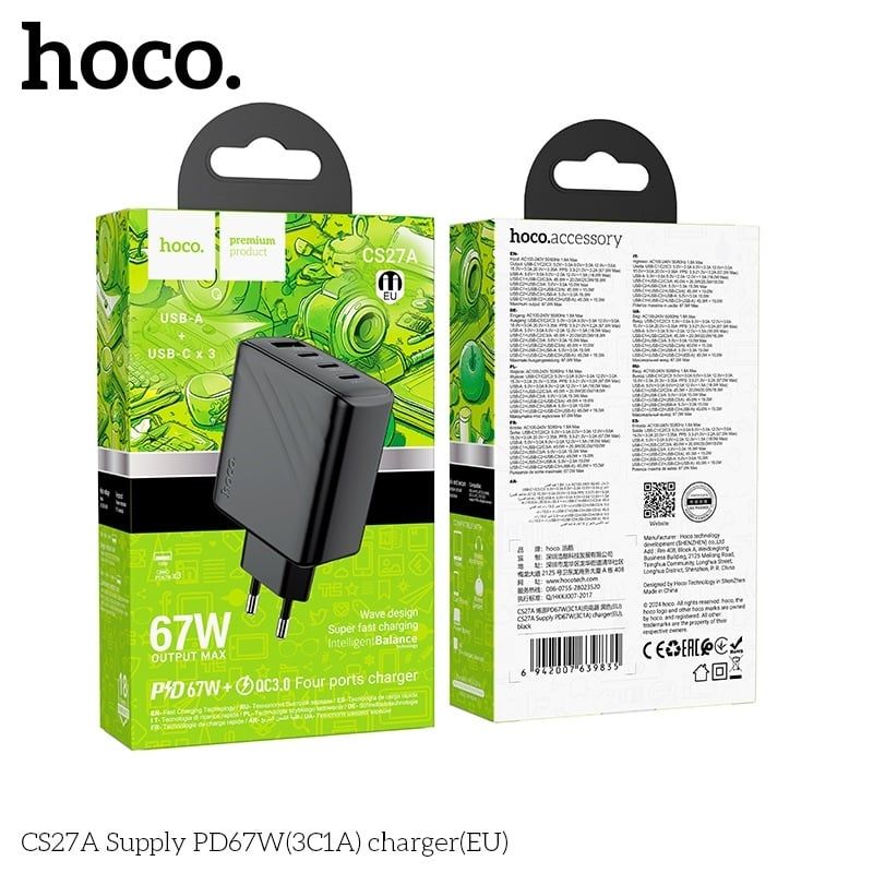 Cóc Sạc Nhanh 4 Cổng - Hoco CS27A - PD67W (1 cổng USB + 3 cổng Type C)
