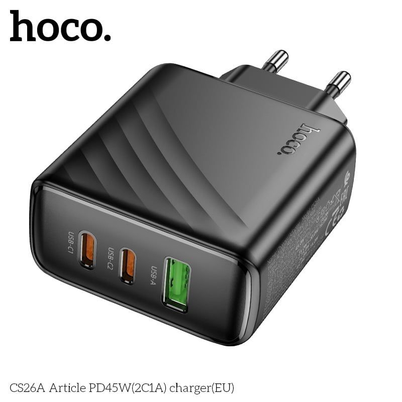 Cóc Sạc Nhanh 3 Cổng - Hoco CS26A - PD45W (1 cổng USB + 2 cổng Type C)