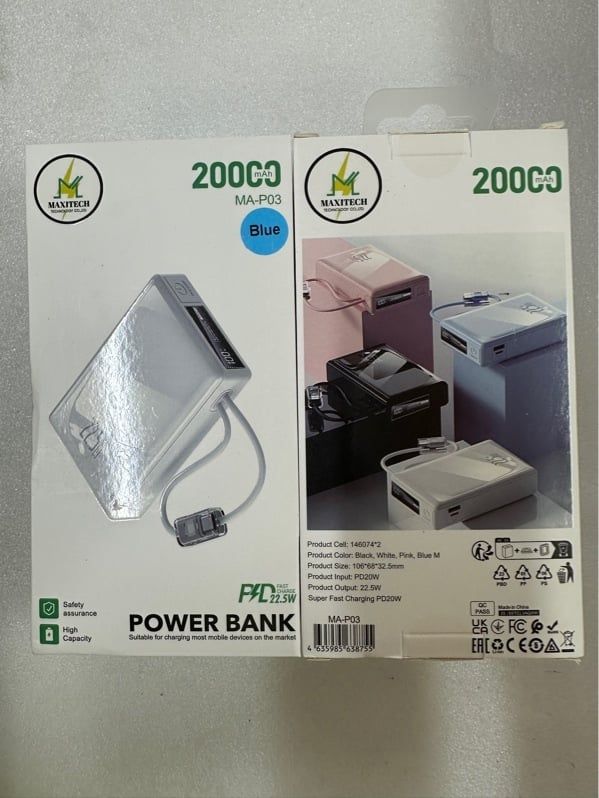 Pin Dự Phòng 20000mAh - Maxitech (MXT) MA - P03 - Sạc Nhanh 22.5W - Trắng/ Xanh