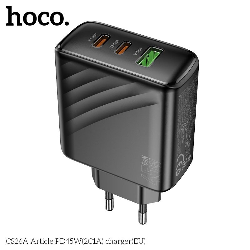 Cóc Sạc Nhanh 3 Cổng - Hoco CS26A - PD45W (1 cổng USB + 2 cổng Type C)