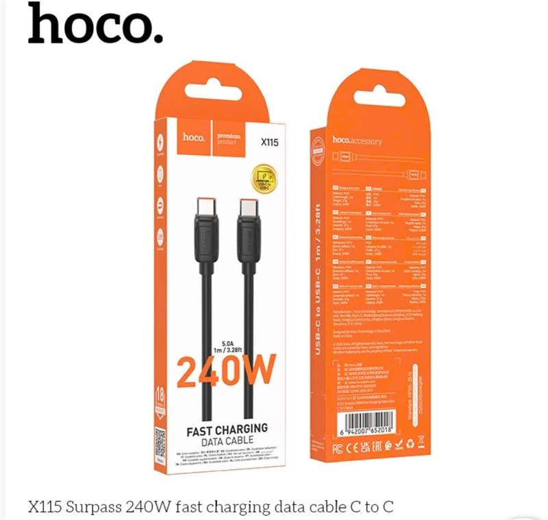 Cáp Sạc Nhanh C2C - Hoco X115 - PD240W - 1m (sl20-1/30-2/50-3)