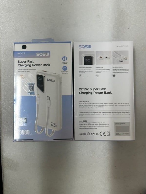Pin Dự Phòng 10000mAh - SQSW - HC - 27 / 22.5W - (kèm 2 dây)