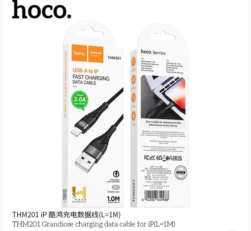 Cáp Sạc USB.IPHONE - Hoco THM201 - dù 1m (sl20-1/30-2/50-3)