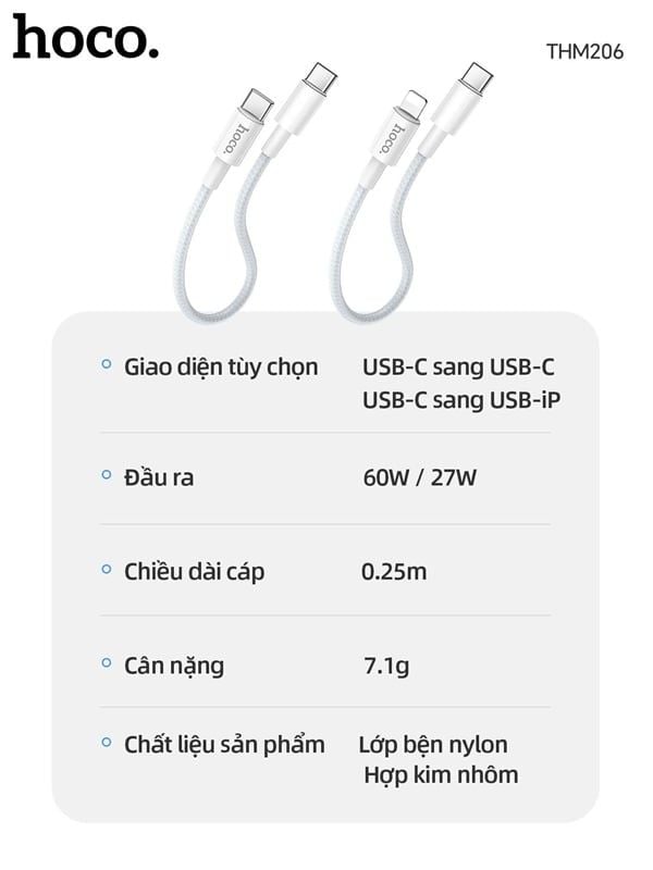 Cáp Sạc PD60W C2C - Hoco THM206 - Dù 0.25m