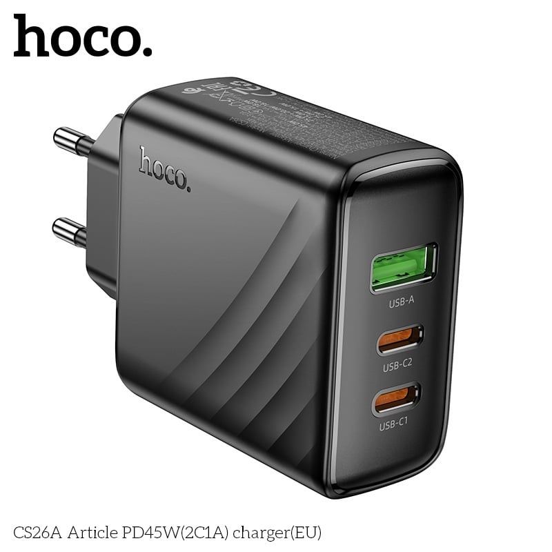 Cóc Sạc Nhanh 3 Cổng - Hoco CS26A - PD45W (1 cổng USB + 2 cổng Type C)