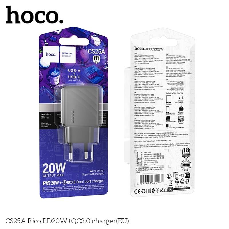 Cóc Sạc Nhanh - Hoco CS25A - PD20W (1 cổng USB + Type C)