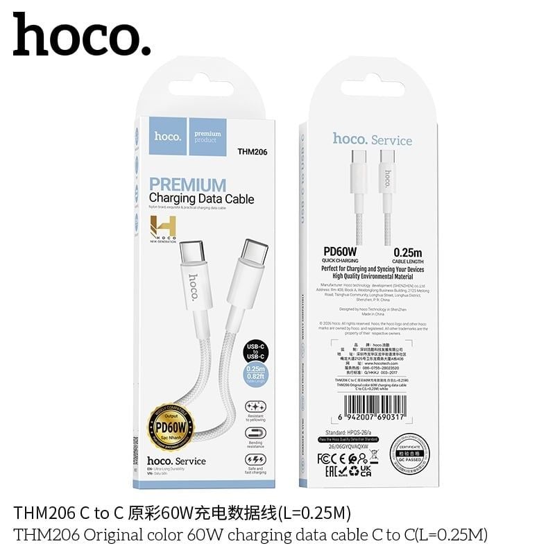 Cáp Sạc PD60W C2C - Hoco THM206 - Dù 0.25m