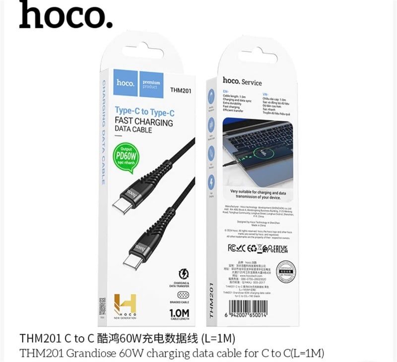 Cáp Sạc C2C - Hoco THM201 - dù 1m - PD60W (sl5-2/10-3/20-5)