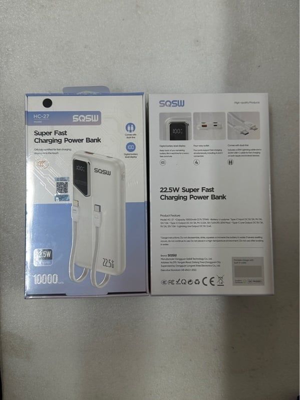 Pin Dự Phòng 10000mAh - SQSW - HC - 27 / 22.5W - (kèm 2 dây)