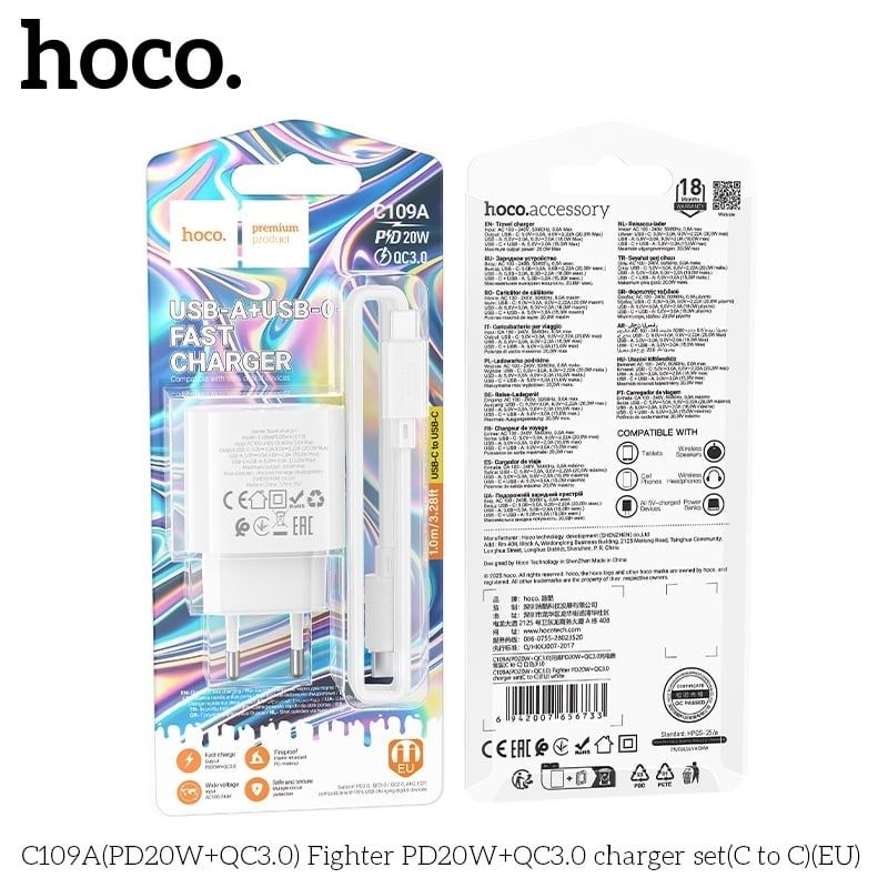 Sạc Bộ C2C : Hoco C109A - Sạc Nhanh PD20W + QC3.0 - C to C (sl10-1/20-2/50-3)