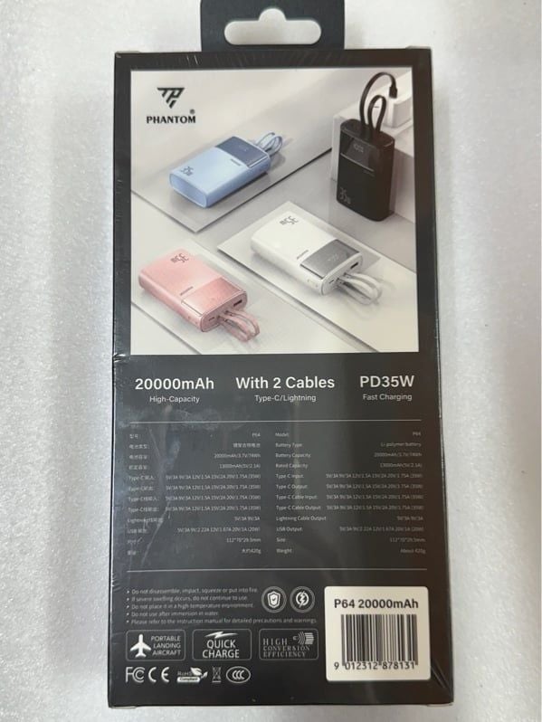 Pin Dự Phòng 20000mAh - PHANTOM P64 Sạc Nhanh 35W - mini - Kèm Dây