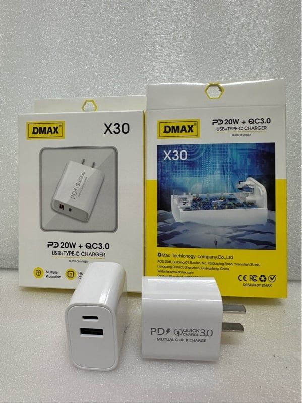 Cóc Sạc Dmax - X30 - PD20W - Cổng C + USB (chân dẹt) (sl10-1/20-2/50-3)