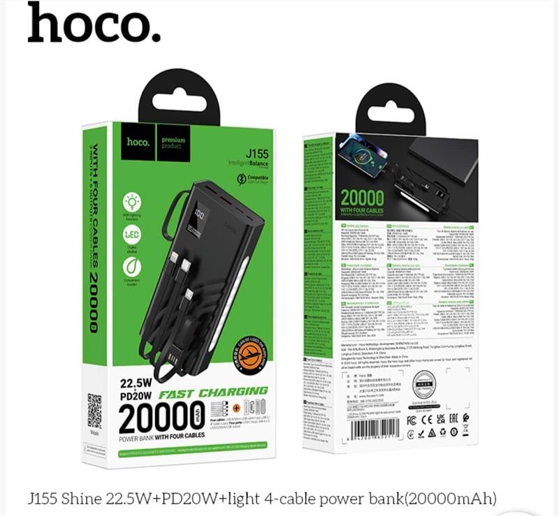 Pin Dự Phòng 20000mAh - Hoco J155 - Kèm 3 Dây - Có Đèn