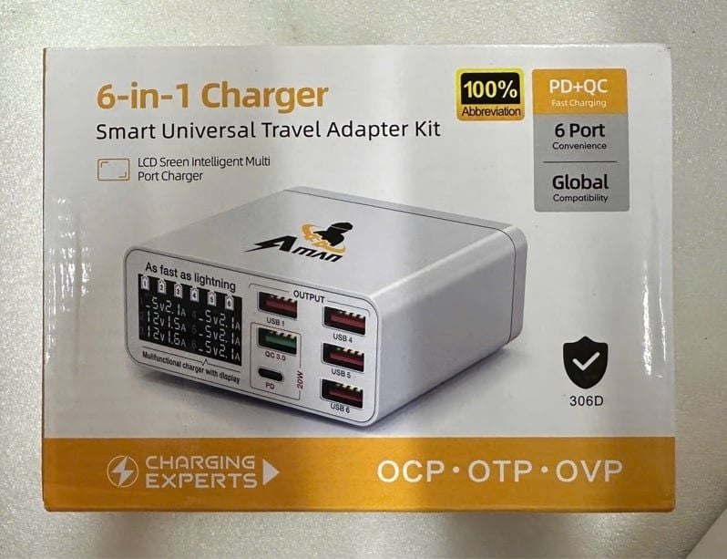 Bộ Sạc Nhiều Cổng: Aman - 306B / 2 Cổng USB + 4 cổng C + Màn Hình Báo Dòng