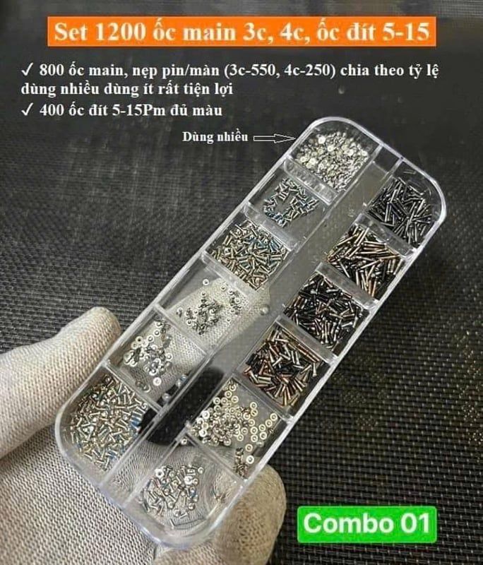 Set 1200 Ốc Thông Dụng - 800 Ốc Main, Nẹp Pin/Màn 3C, 4C + 400 Ốc Đít 5 - 15PM đủ màu