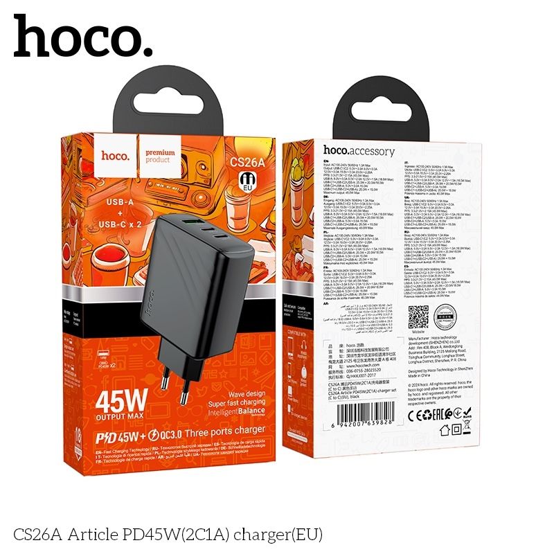 Cóc Sạc Nhanh 3 Cổng - Hoco CS26A - PD45W (1 cổng USB + 2 cổng Type C)
