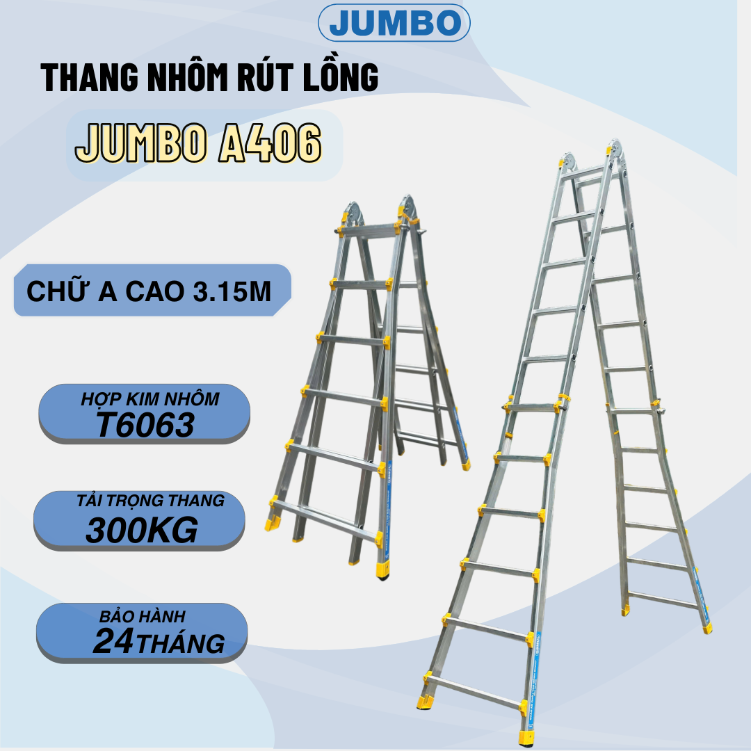  Thang nhôm rút lồng JUMBO A406, chữ A cao nhất 3.15m 