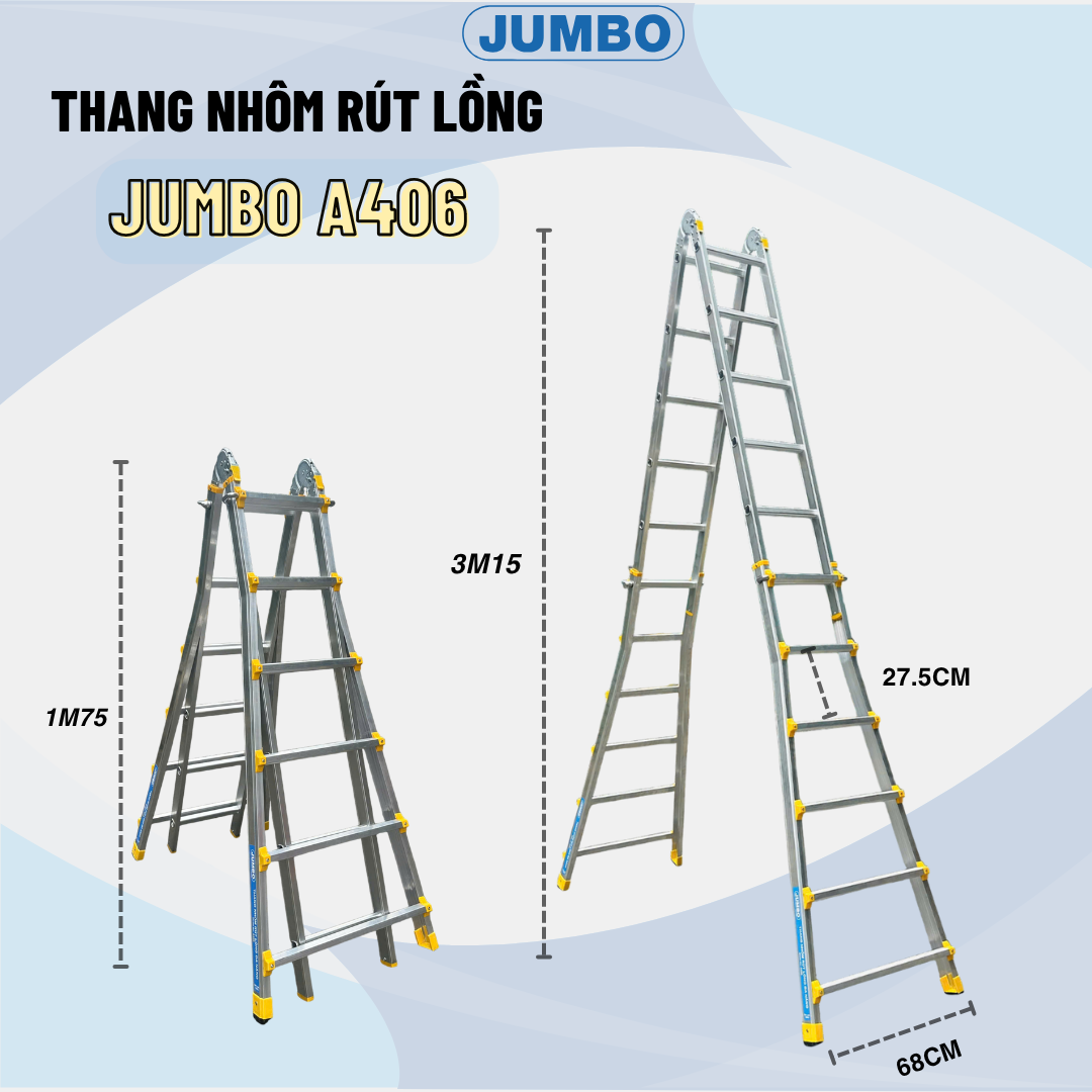  Thang nhôm rút lồng JUMBO A406, chữ A cao nhất 3.15m 