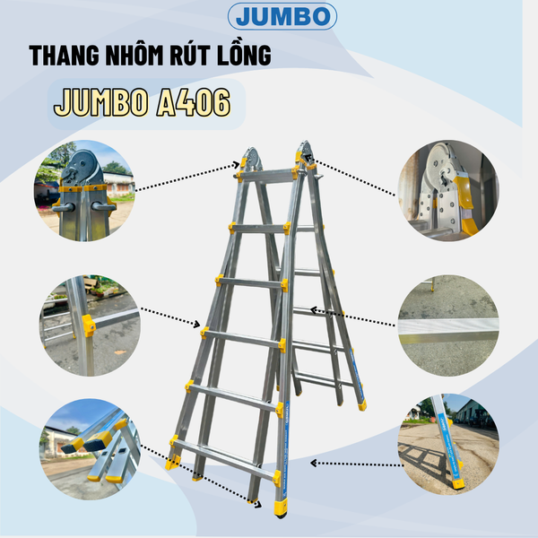  Thang nhôm rút lồng JUMBO A406, chữ A cao nhất 3.15m 