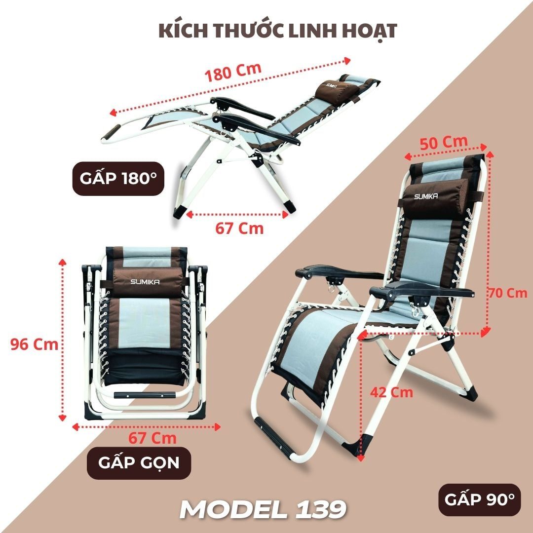  Ghế Xếp Thư Giãn SUMIKA 139, Lưới Bọc Nệm Mát, Khung Thép Sơn Tĩnh Điện 