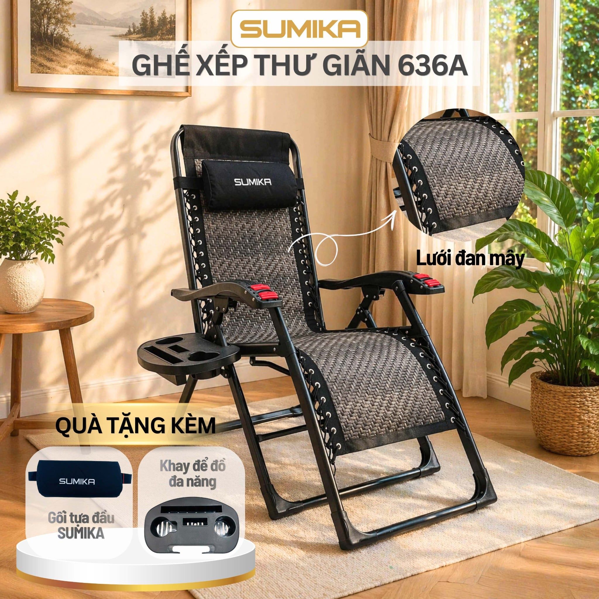 Ghế Xếp Thư Giãn SUMIKA 636A, Khung Thép Sơn Tĩnh Điện, Lưới Đan Mây Nhân Tạo, Khóa Kim Loại 