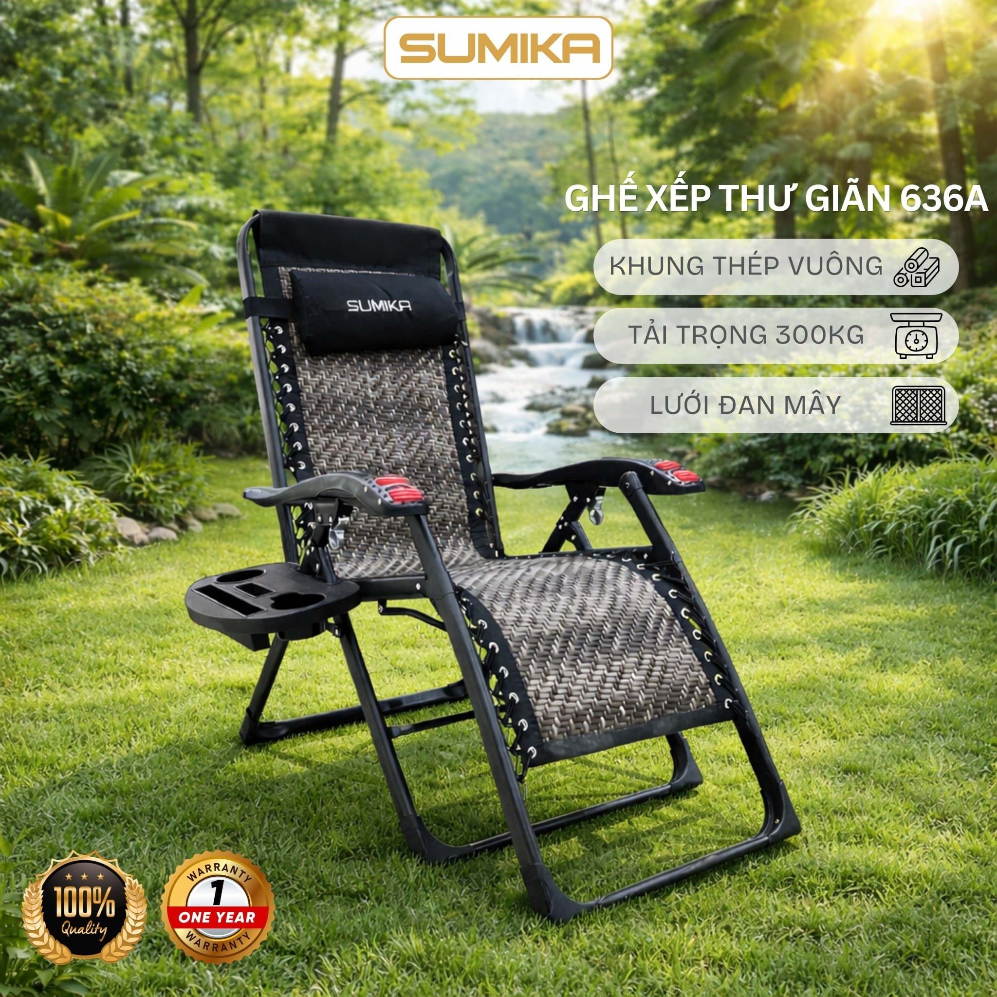  Ghế Xếp Thư Giãn SUMIKA 636A, Khung Thép Sơn Tĩnh Điện, Lưới Đan Mây Nhân Tạo, Khóa Kim Loại 