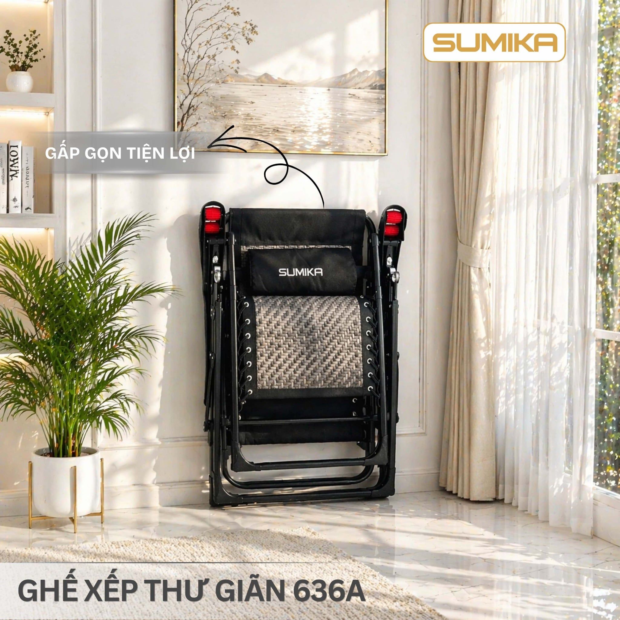  Ghế Xếp Thư Giãn SUMIKA 636A, Khung Thép Sơn Tĩnh Điện, Lưới Đan Mây Nhân Tạo, Khóa Kim Loại 