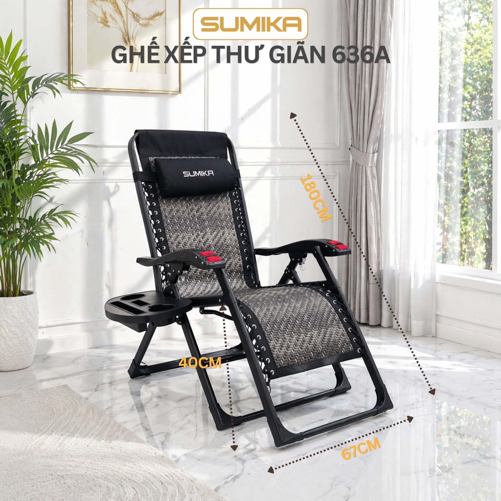  Ghế Xếp Thư Giãn SUMIKA 636A, Khung Thép Sơn Tĩnh Điện, Lưới Đan Mây Nhân Tạo, Khóa Kim Loại 