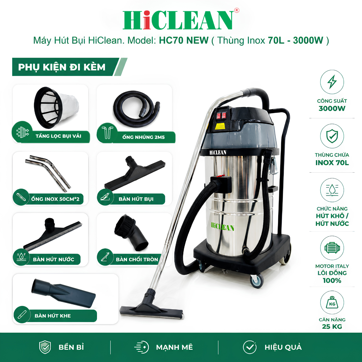  Máy hút bụi công nghiệp HiClean HC70NEW, công suất 3000W 