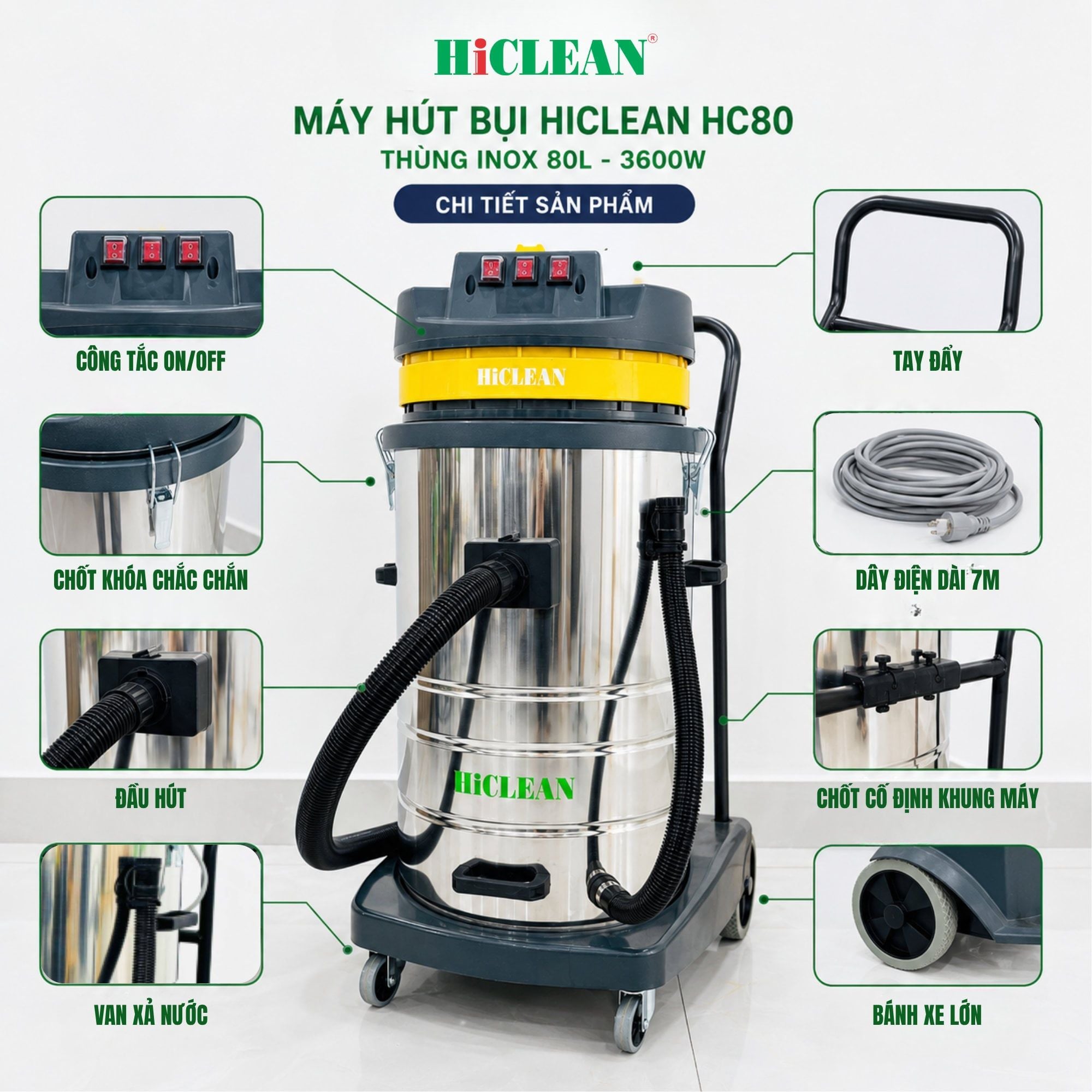  Máy Hút Bụi Công Nghiệp HiClean HC80, Công Suất 3600W, Thùng Inox 80L, Bảo Hành 18 Tháng 