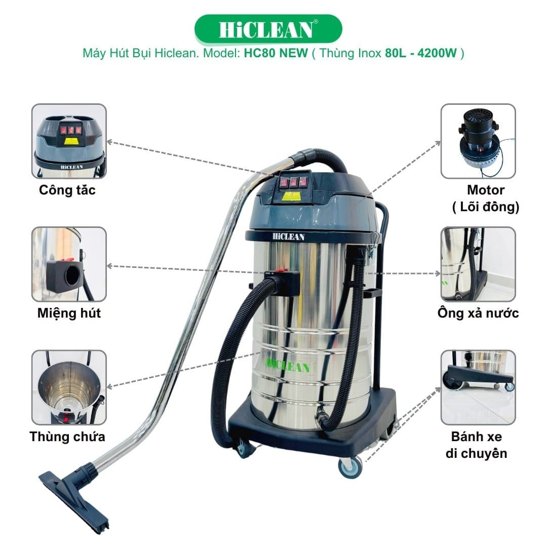  Máy hút bụi nhà xưởng HiClean HC80 NEW, công suất 4200W 
