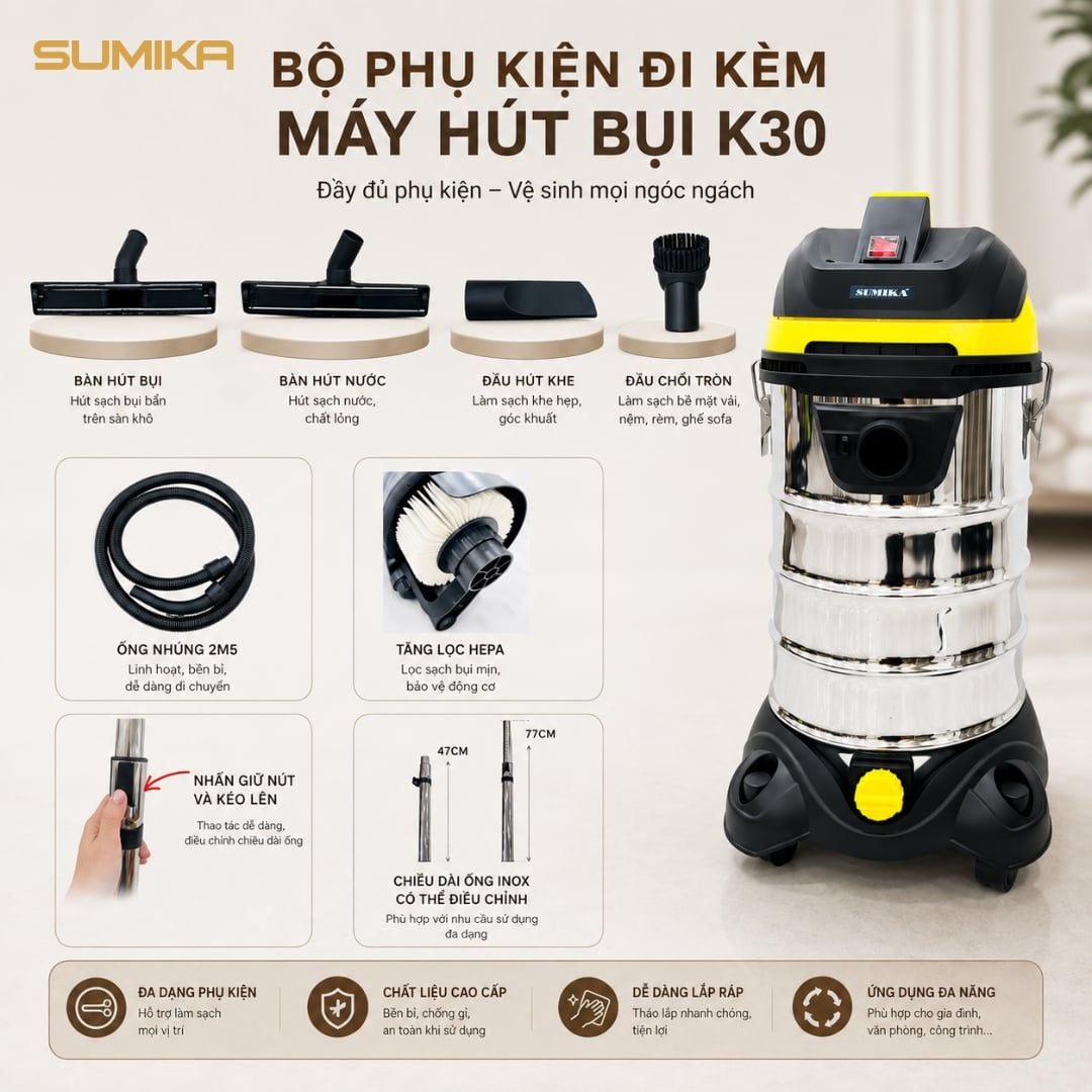  Máy hút bụi công nghiệp SUMIKA K30, 1800W, thùng chứa 30L 