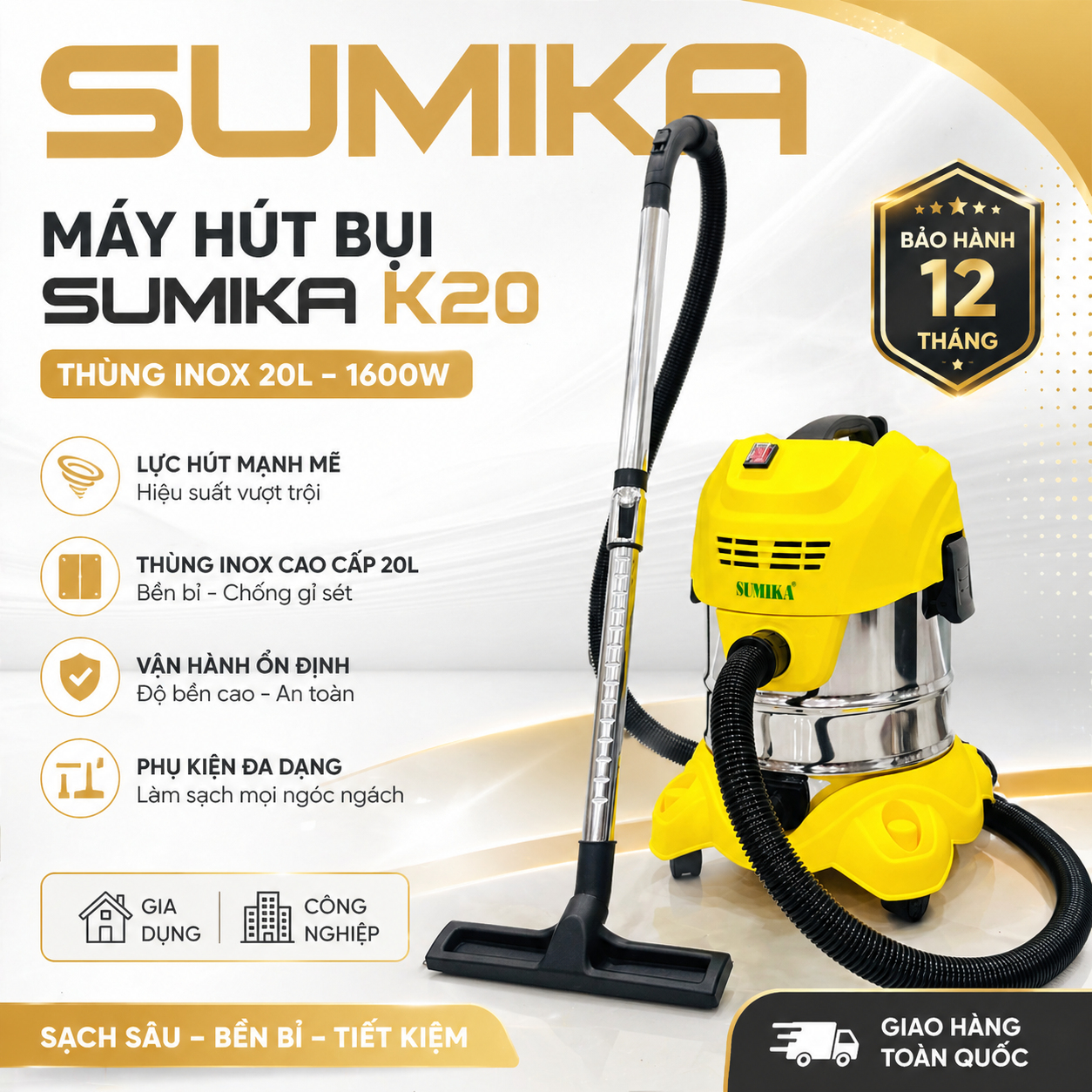  Máy Hút Bụi Gia Đình SUMIKA K20, Công Suất 1600W, Motor Lõi Đồng, Tầng Lọc HEPA, Thùng Chứa 20L 