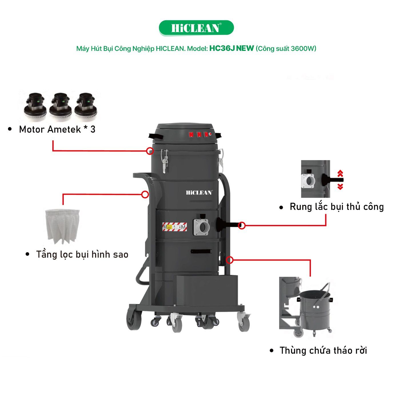  Máy hút bụi nhà xưởng HiClean HC36J NEW, công suất 3600W 
